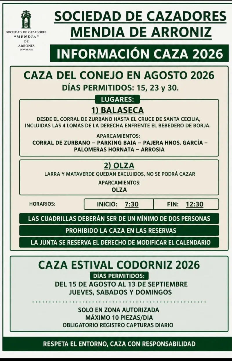 Arróniz abre la temporada de caza estival de codorniz y conejo con nuevas zonas y cupos