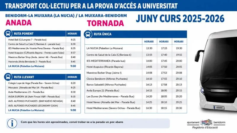 Benidorm facilita el acceso a la Selectividad con autobuses gratuitos y aula de estudio