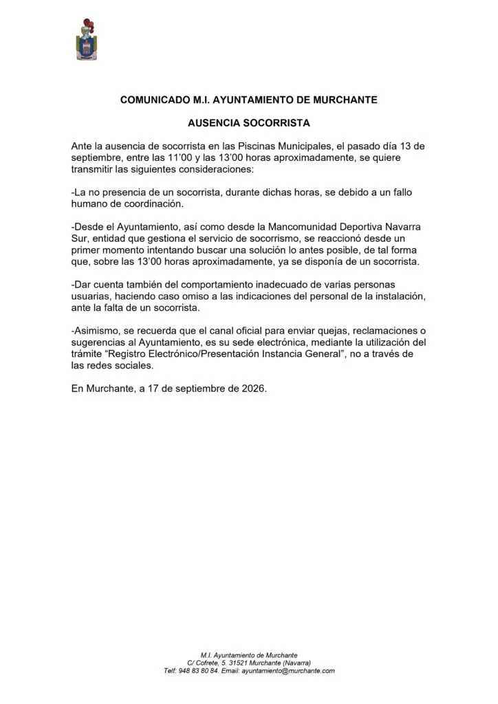 Murchante: Ausencia de socorrista en la piscina municipal este viernes