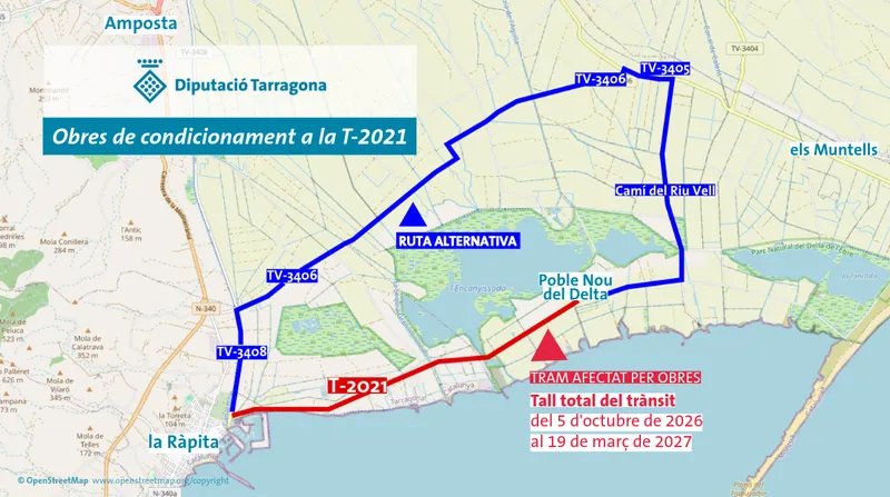 Corte total en la T-2021 entre La Ràpita y Poble Nou del Delta por obras de drenaje hasta marzo de 2027
