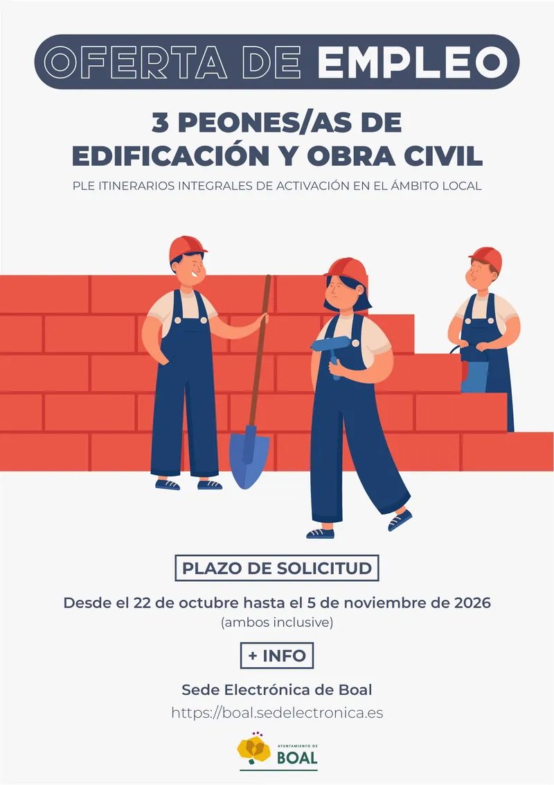 Ayuntamiento de Boal abre plazo para 3 puestos de peón de obra civil