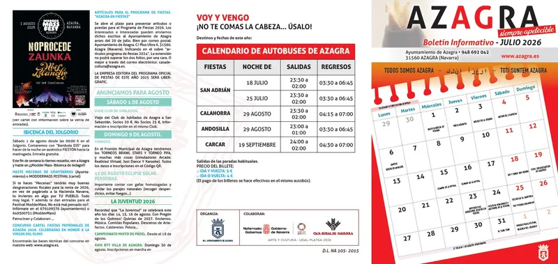 Azagra presenta su agenda cultural y de ocio para el mes de julio
