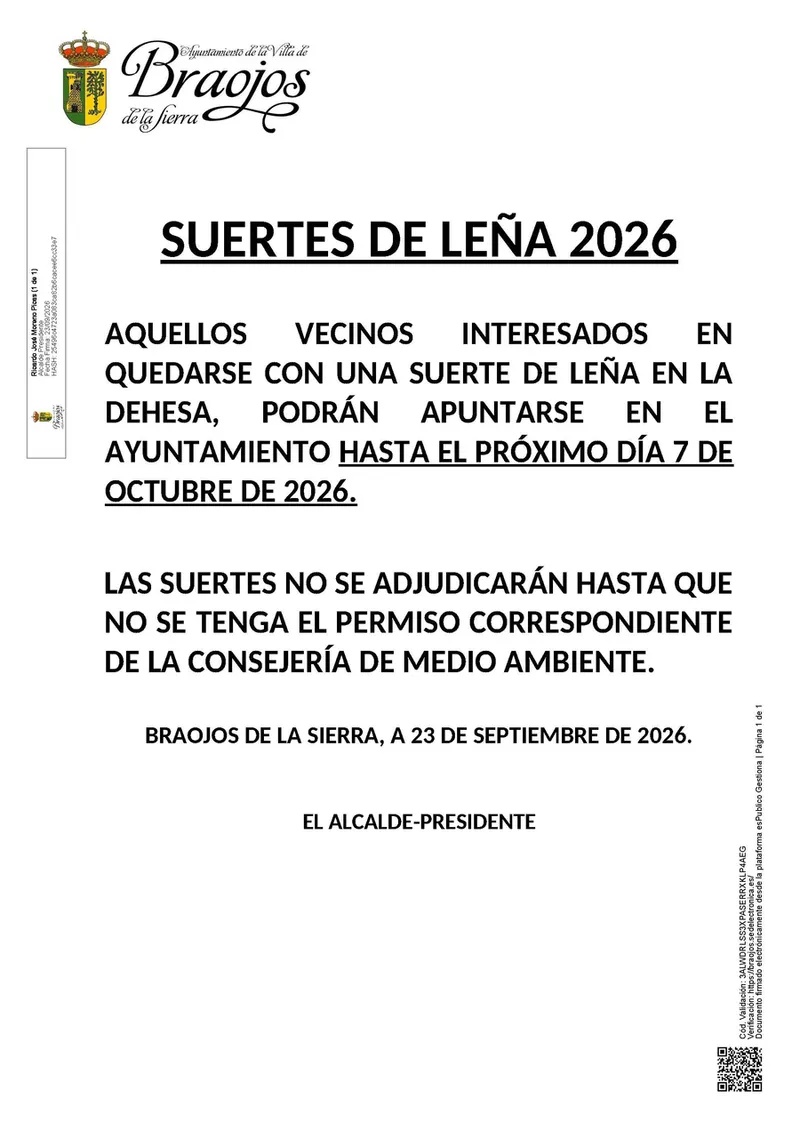 Braojos de la Sierra aprueba el bando para la adjudicación de leñas de 2026