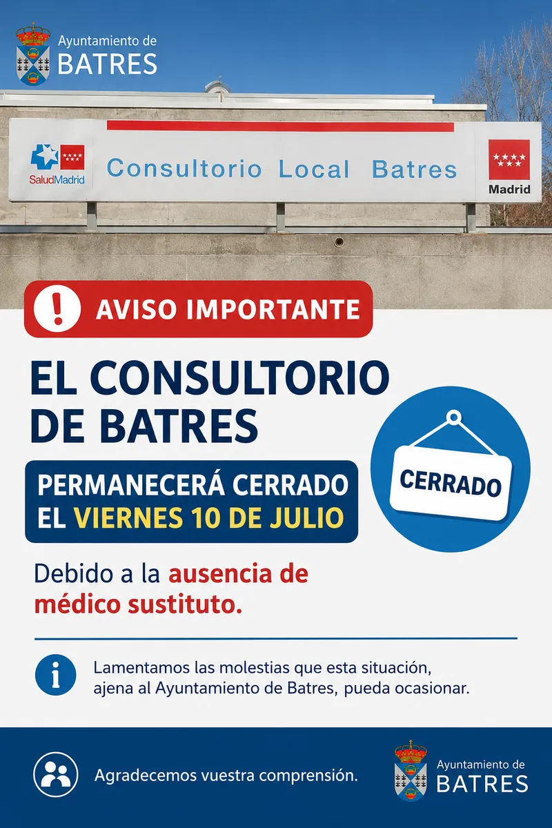 Cerrado el consultorio médico de Batres este viernes 10 de julio por falta de sustituto