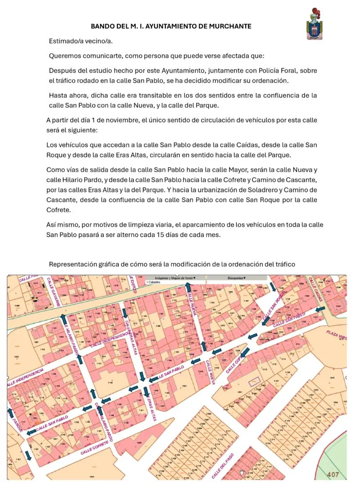 Corte de tráfico en la calle San Pablo de Murchante por obras