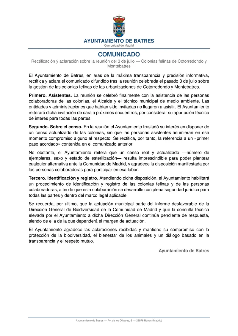 Batres aclara la gestión de las colonias felinas tras reunión del 3 de julio