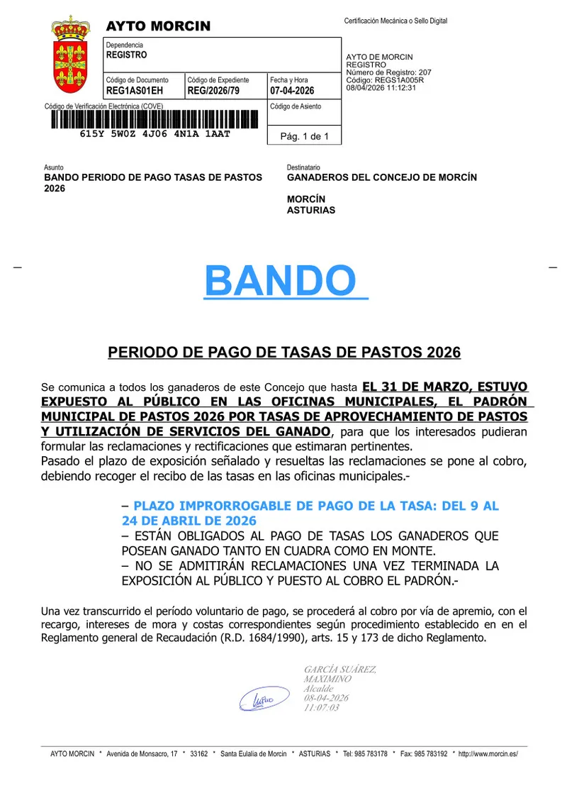 Morcín abre el plazo para el pago de las tasas de pastos y ganado de 2026