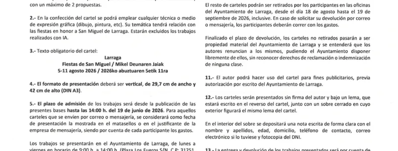 Larraga convoca el concurso de carteles para las Fiestas de San Miguel 2026