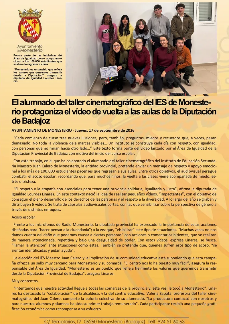 Alumnado de Monesterio protagoniza el vídeo de vuelta a las aulas de la Diputación de Badajoz