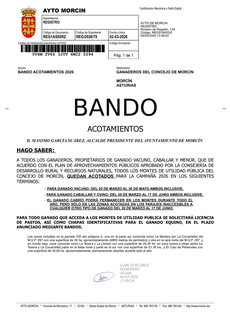Morcín establece los periodos de acotamiento de pastos para la campaña 2026