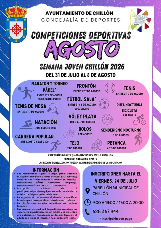 Chillón celebra la Semana Joven con un variado programa deportivo en agosto