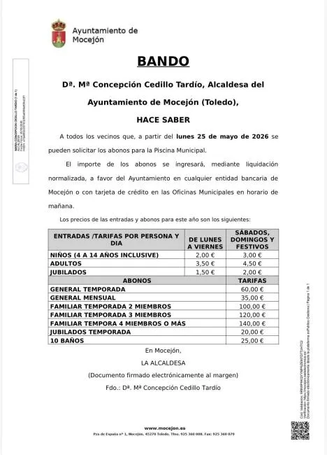 Mocejón abre el plazo para solicitar los abonos de la piscina municipal
