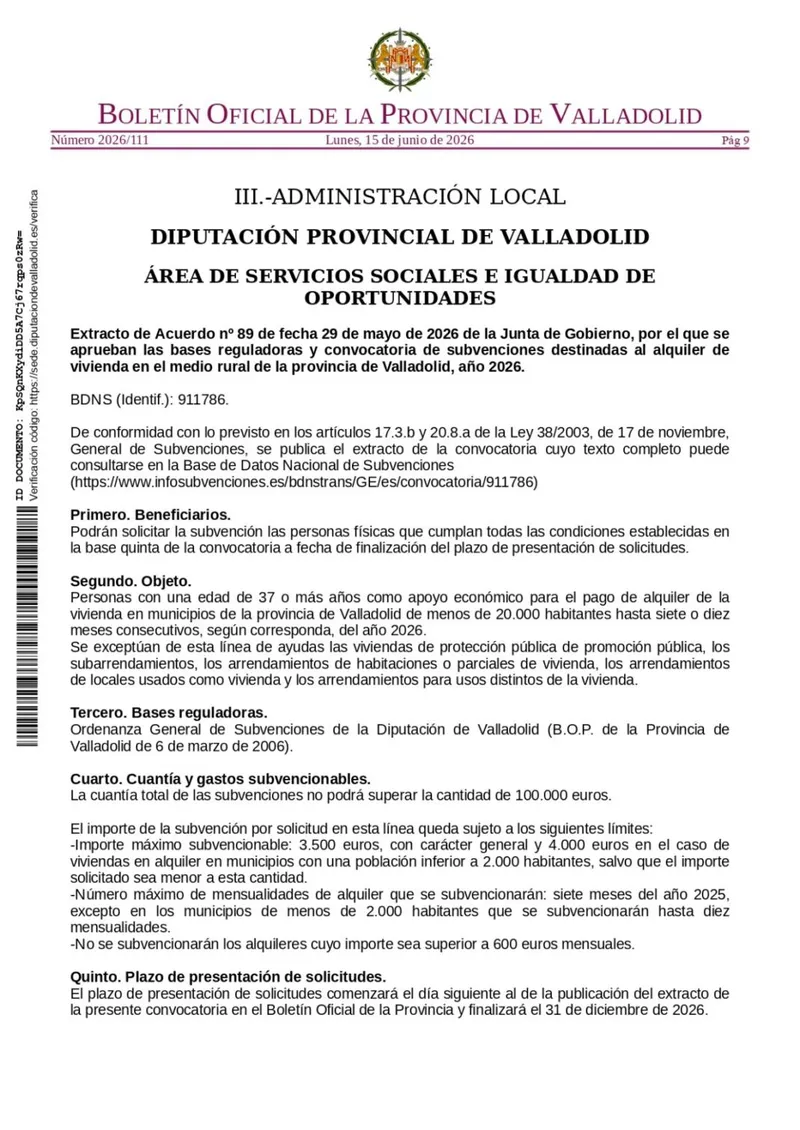 Ayuntamiento de Íscar informa sobre ayudas al alquiler en el medio rural de Valladolid