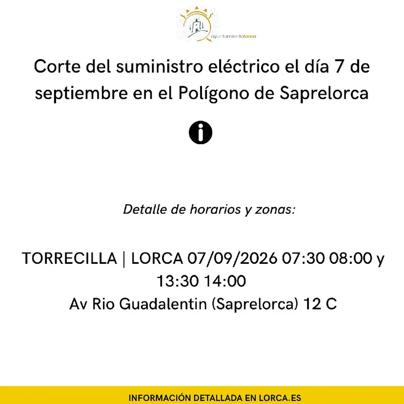 Corte de luz programado en el polígono de Saprelorca (Lorca) el 7 de septiembre