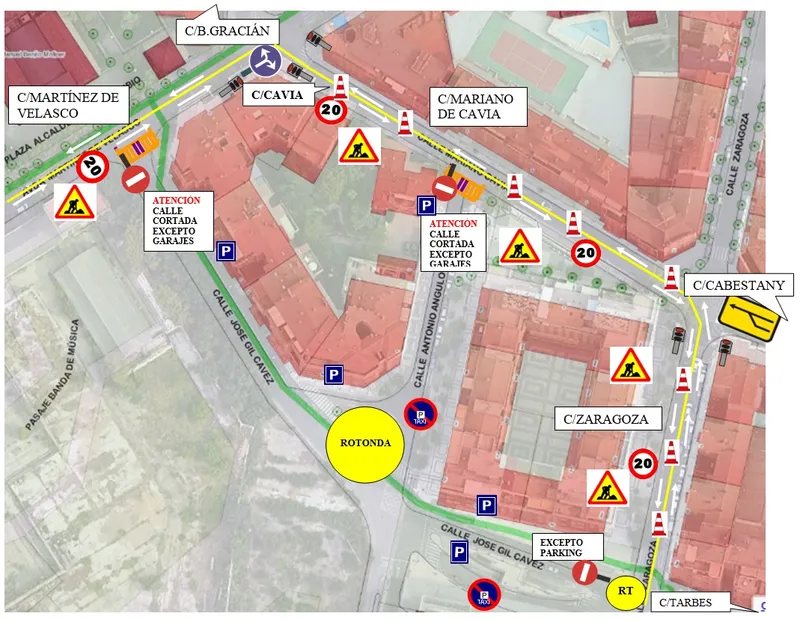 Huesca: Obras en la rotonda de Gil Cávez implican cortes de tráfico y desvíos hasta el 7 de septiembre