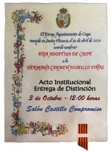Caspe nombra Hija Adoptiva a María del Carmen Murillo Viñas por su labor educativa y social