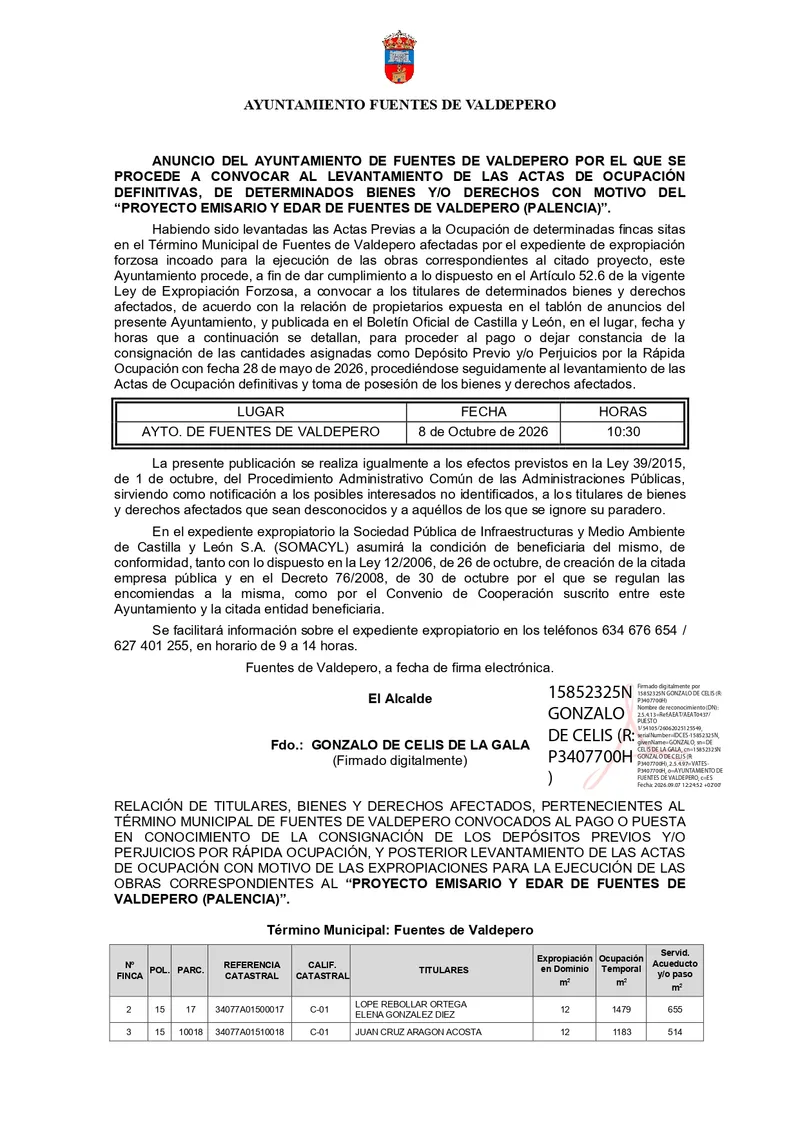 Fuentes de Valdepero convoca el levantamiento de actas para la EDAR y el emisario