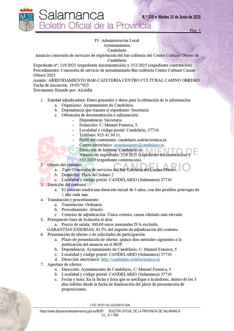 Candelario busca gestor para el bar-cafetería Casino Obrero