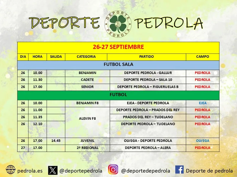 Pedrola anuncia los horarios de las competiciones deportivas del fin de semana