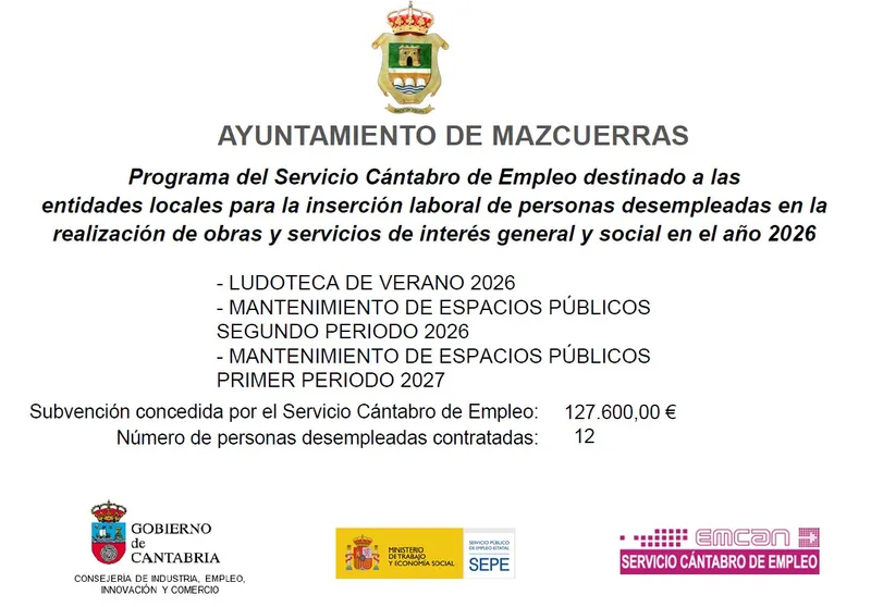 Mazcuerras contratará a 12 desempleados con una subvención de 127.600 euros
