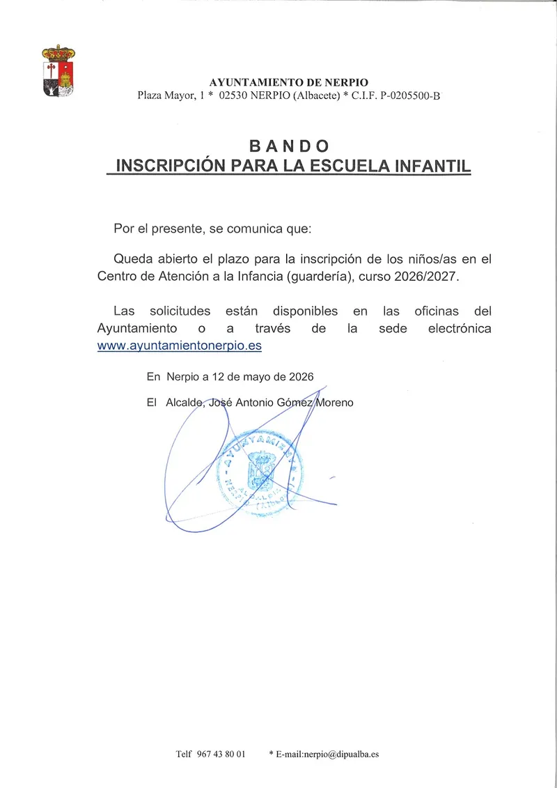 Nerpio abre el plazo de inscripción para la Escuela Infantil del curso 2026/2027
