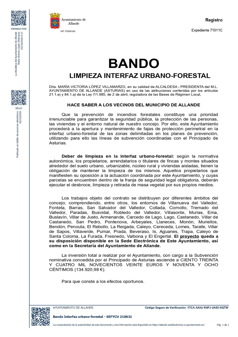 Allande abre licitación para el mantenimiento urbano-forestal con ayuda del Principado