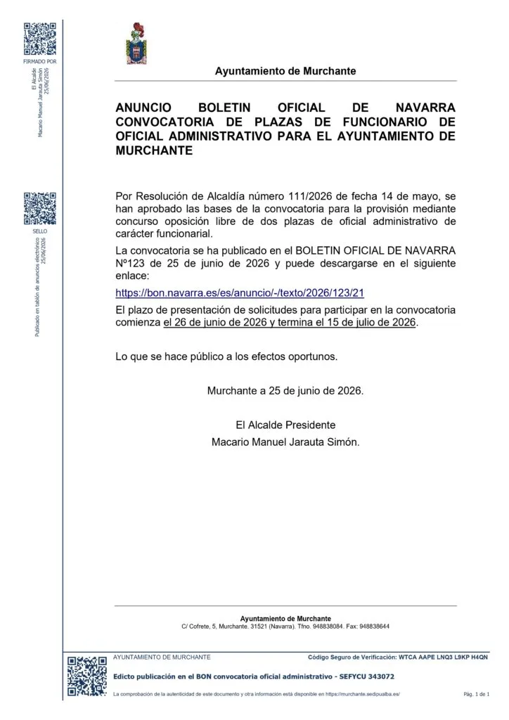 Murchante convoca una plaza de oficial administrativo para reforzar su plantilla