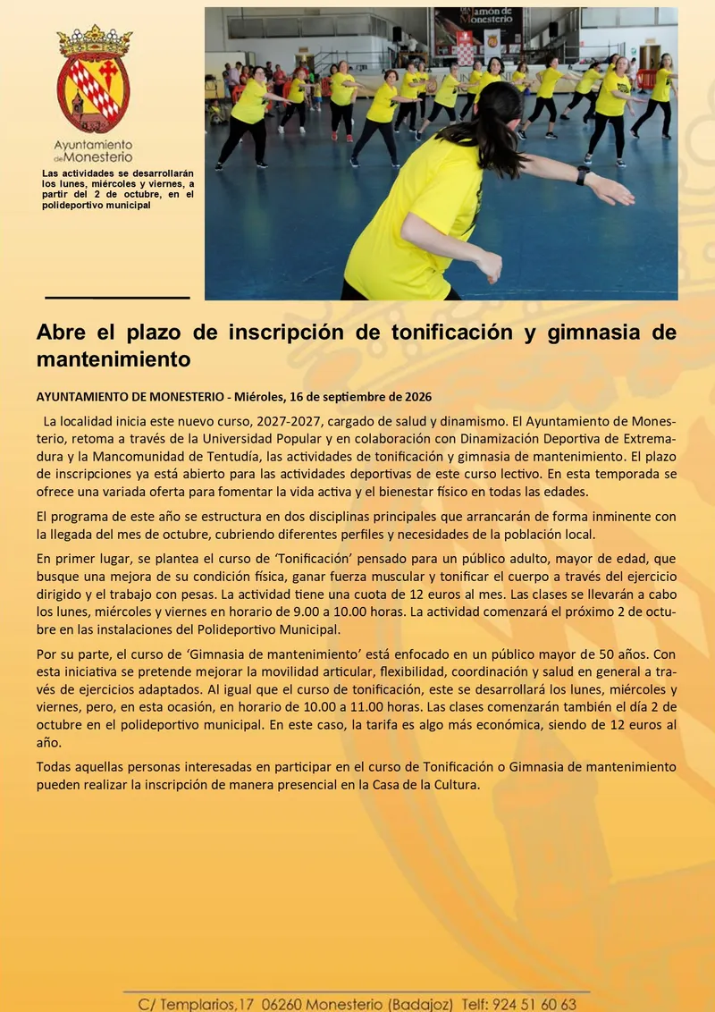 Abiertas las inscripciones para los cursos de tonificación y gimnasia de mantenimiento en Monesterio