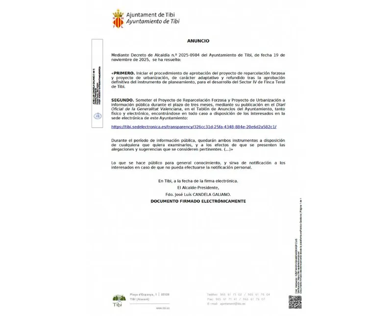 Tibi detalla el proyecto de urbanización y reparcelación de Finca Terol