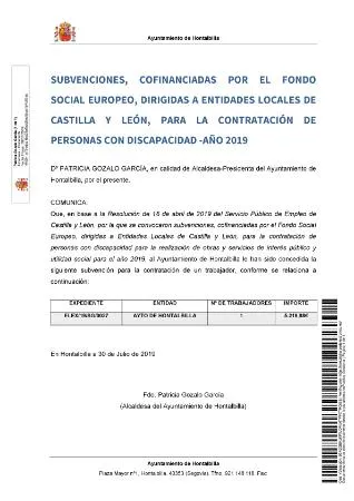 Hontalbilla recibe una subvención para contratar a una persona con discapacidad