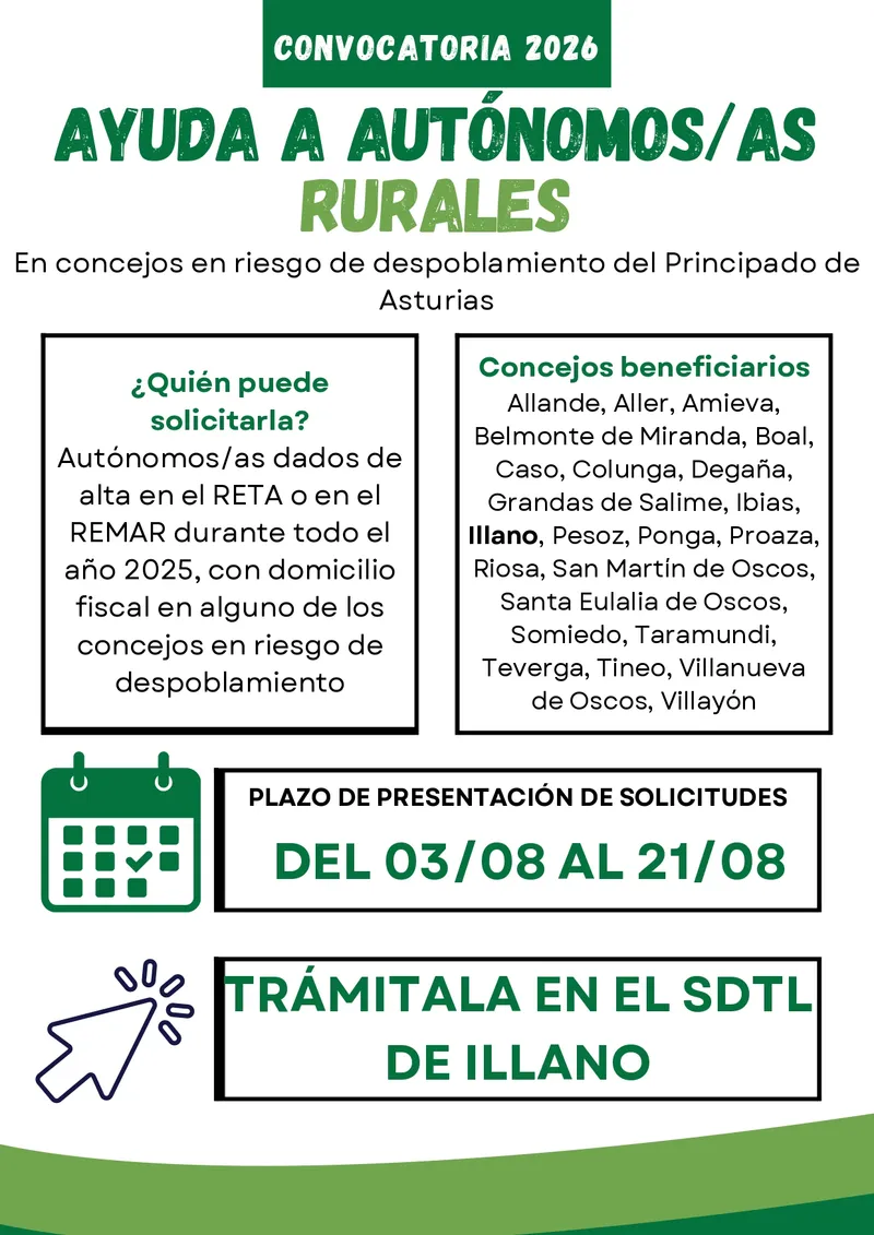 Illano abre convocatoria de ayudas para autónomos en concejos en riesgo de despoblación