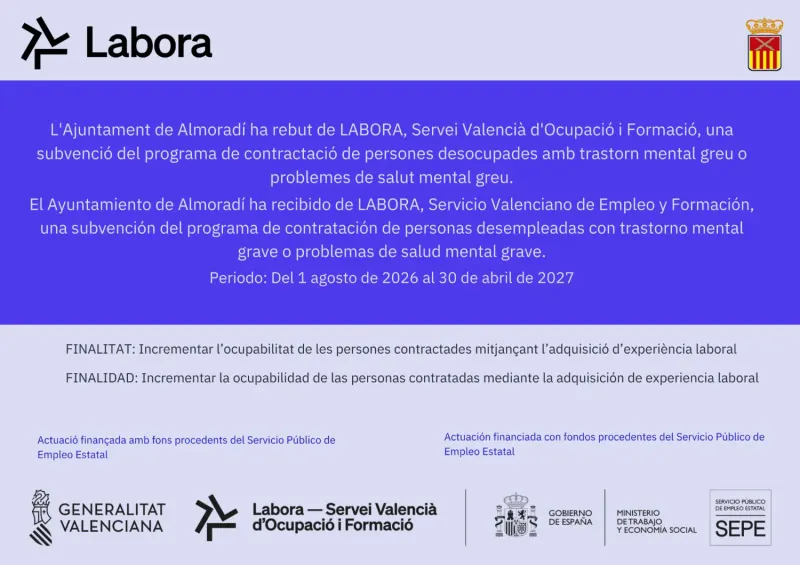 Almoradí capta fondos de Labora para la contratación de personas con problemas de salud mental