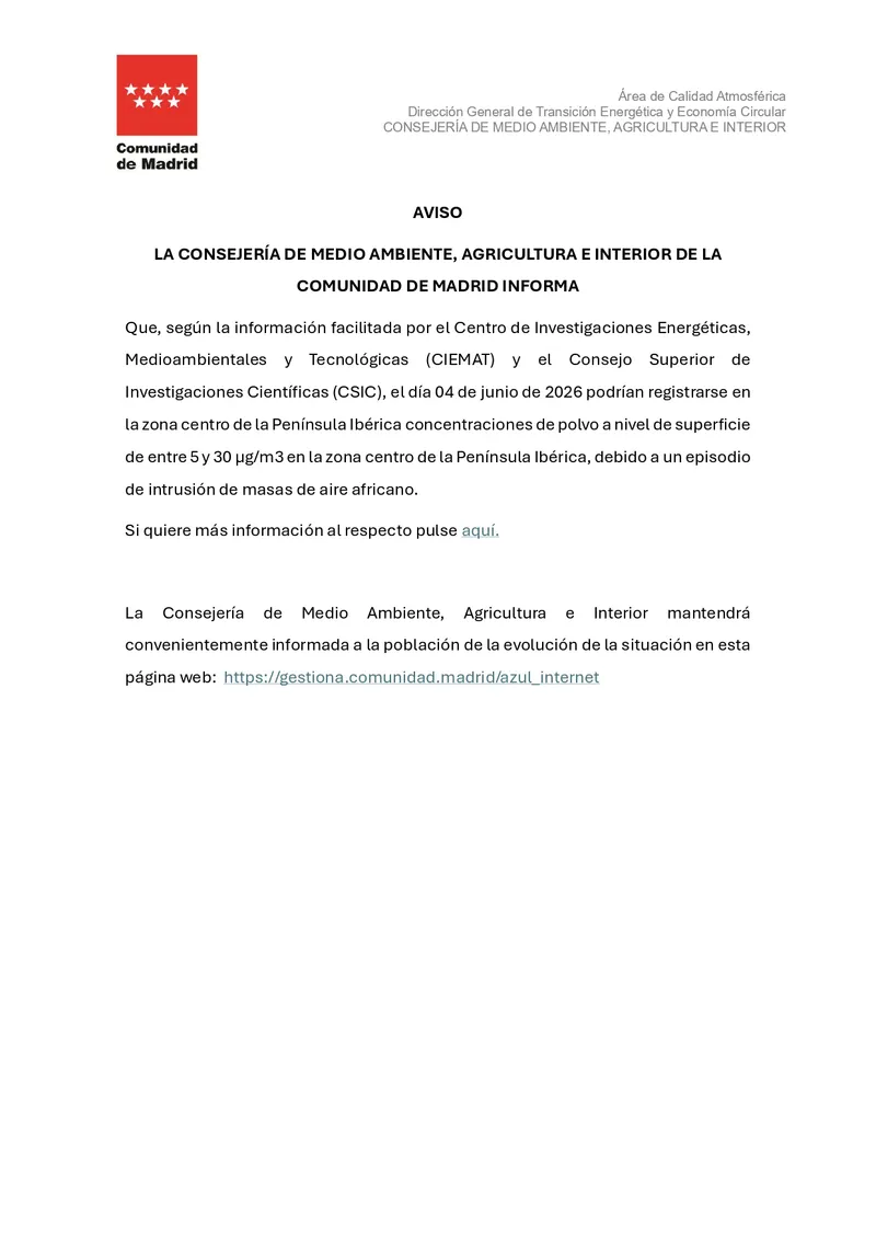 Madrid en alerta por intrusión de aire africano y polvo en suspensión este 4 de junio