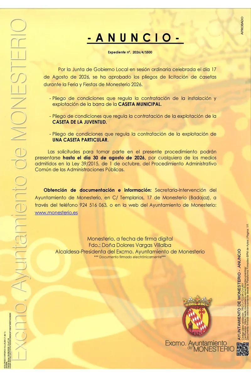 Monesterio abre la licitación para las casetas de la Feria y Fiestas 2026