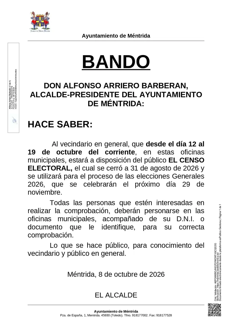 Méntrida abre el censo electoral para su consulta ciudadana hasta el 19 de octubre