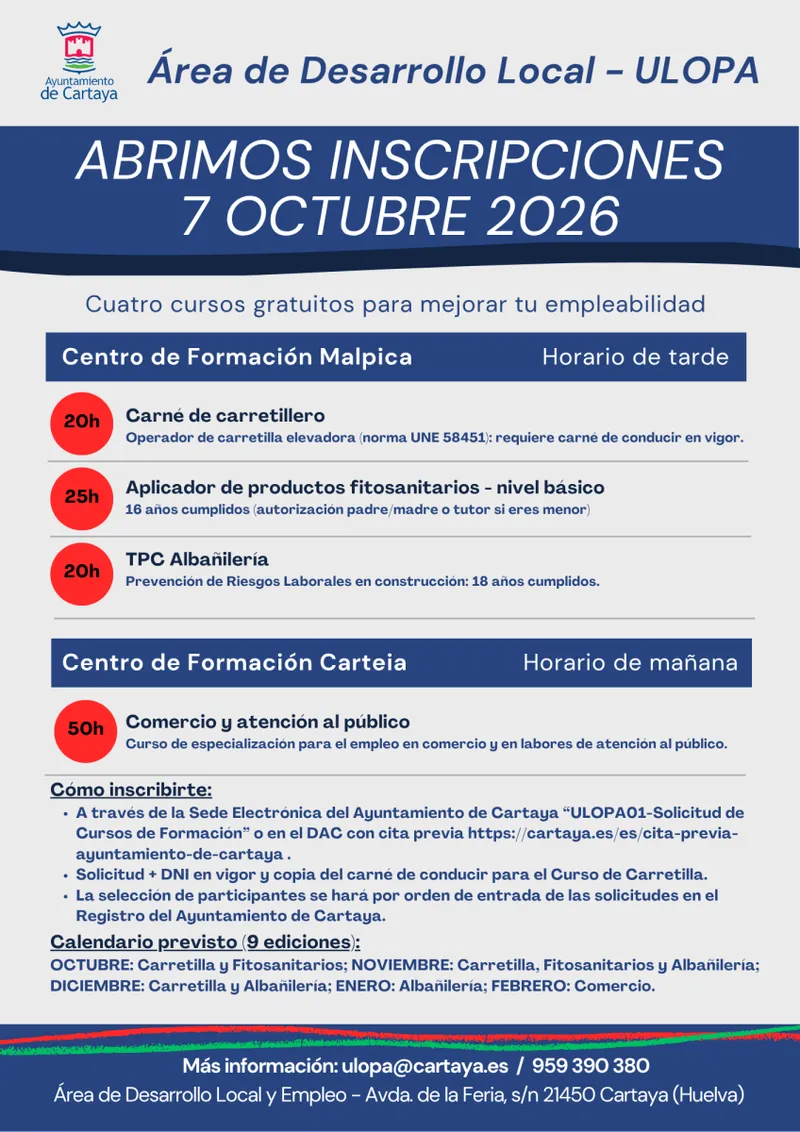 Cartaya lanza un plan de formación con 9 cursos gratuitos para mejorar el empleo local
