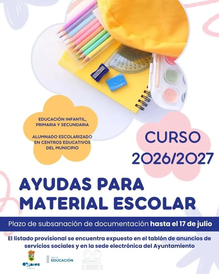 Ogíjares recuerda el fin del plazo para subsanar la documentación de las ayudas de material escolar