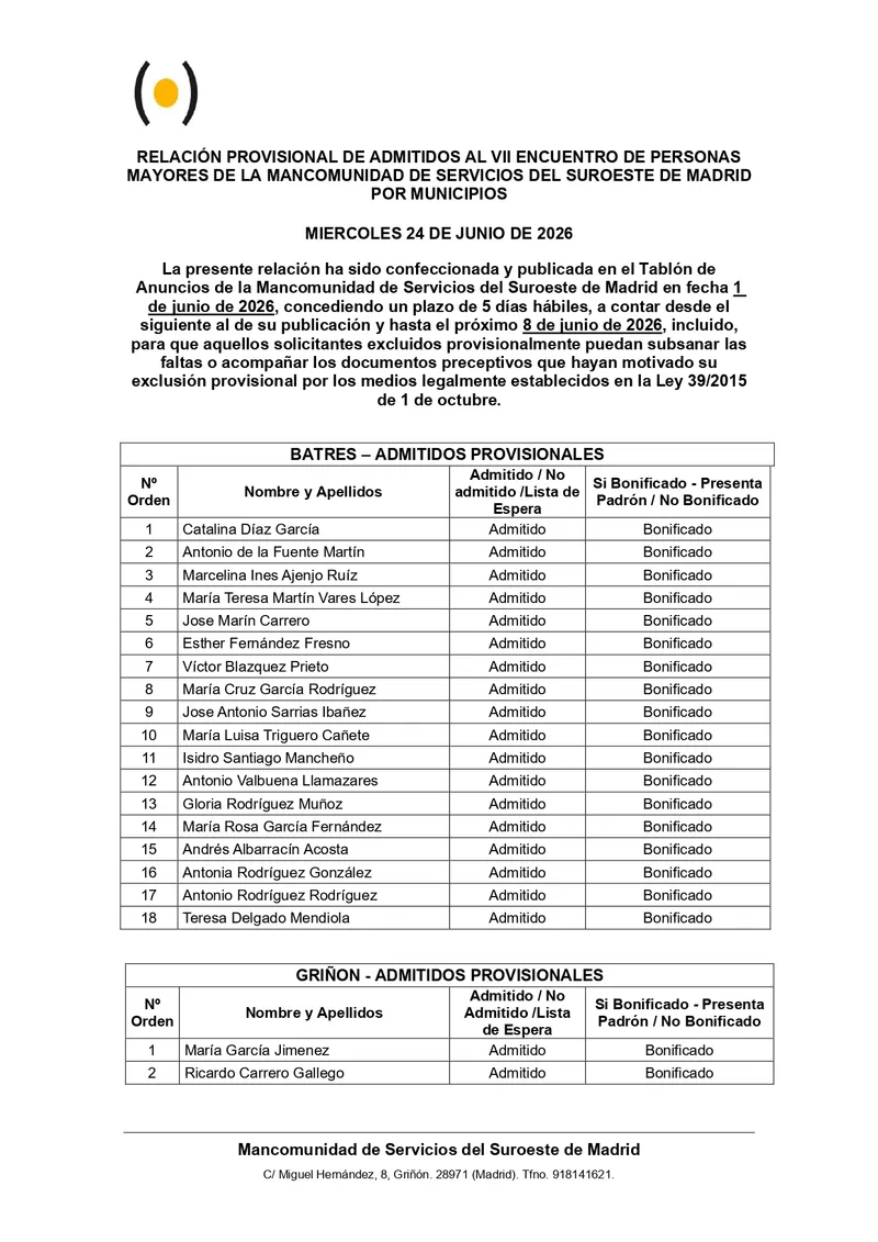 Publicada la lista provisional de admitidos al VII Encuentro de Personas Mayores de la Mancomunidad Suroeste