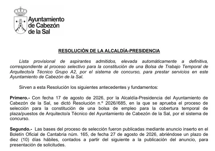 Cabezón de la Sal publica la lista definitiva para bolsa de empleo de Arquitecto Técnico