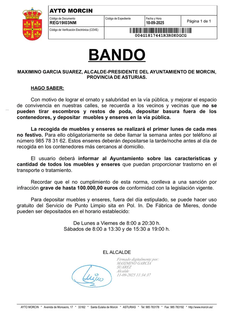 Morcín recuerda el procedimiento para la recogida de muebles y enseres