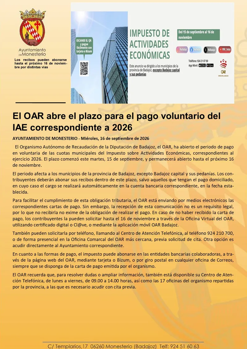 El OAR abre el plazo para el pago voluntario del IAE de 2026