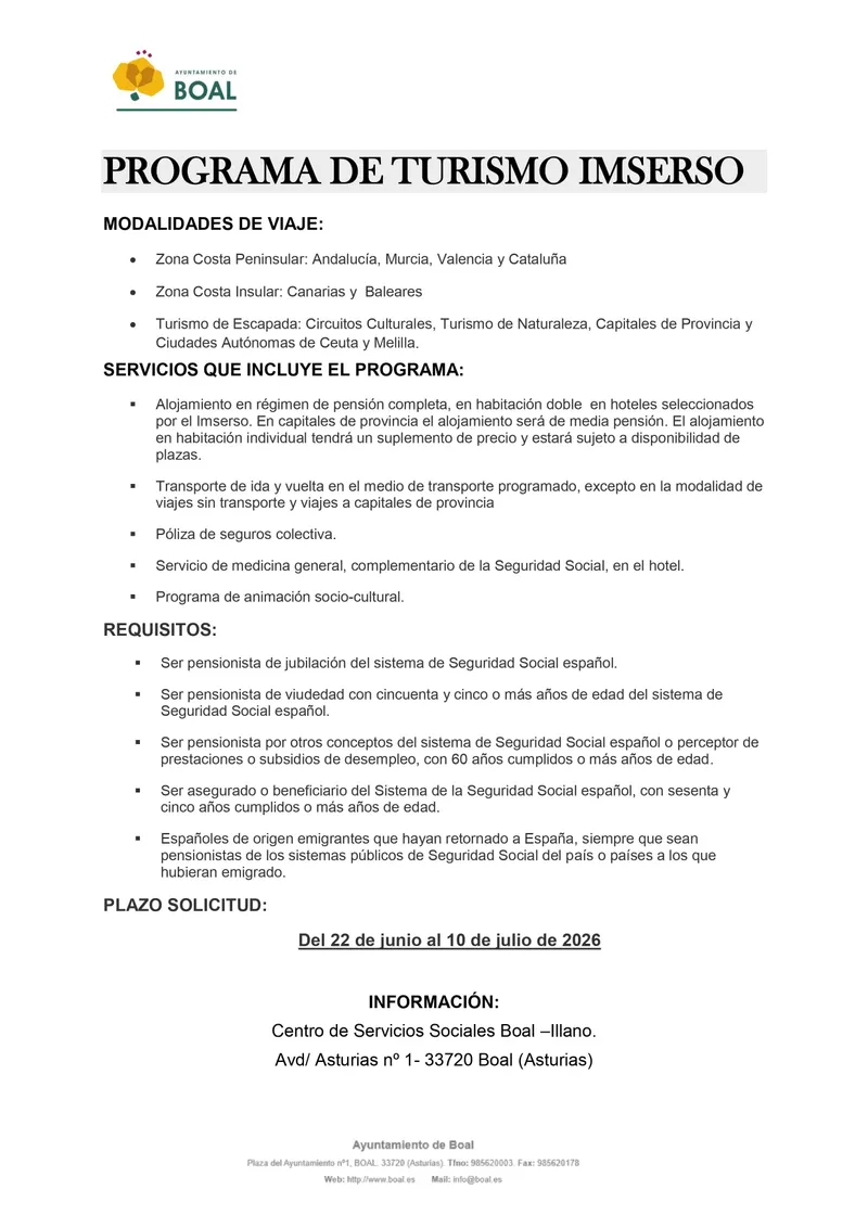 Boal abre el plazo para solicitar los viajes del IMSERSO 2026-2027