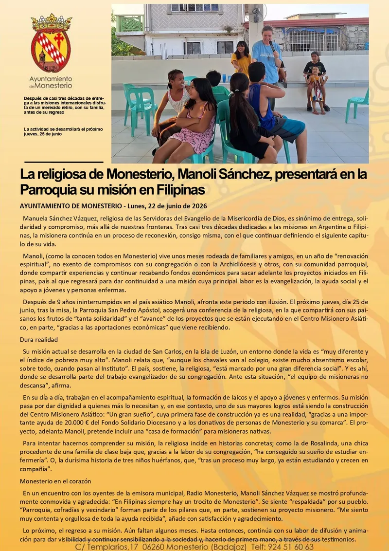 Manoli Sánchez, misionera de Monesterio, comparte su labor en Filipinas