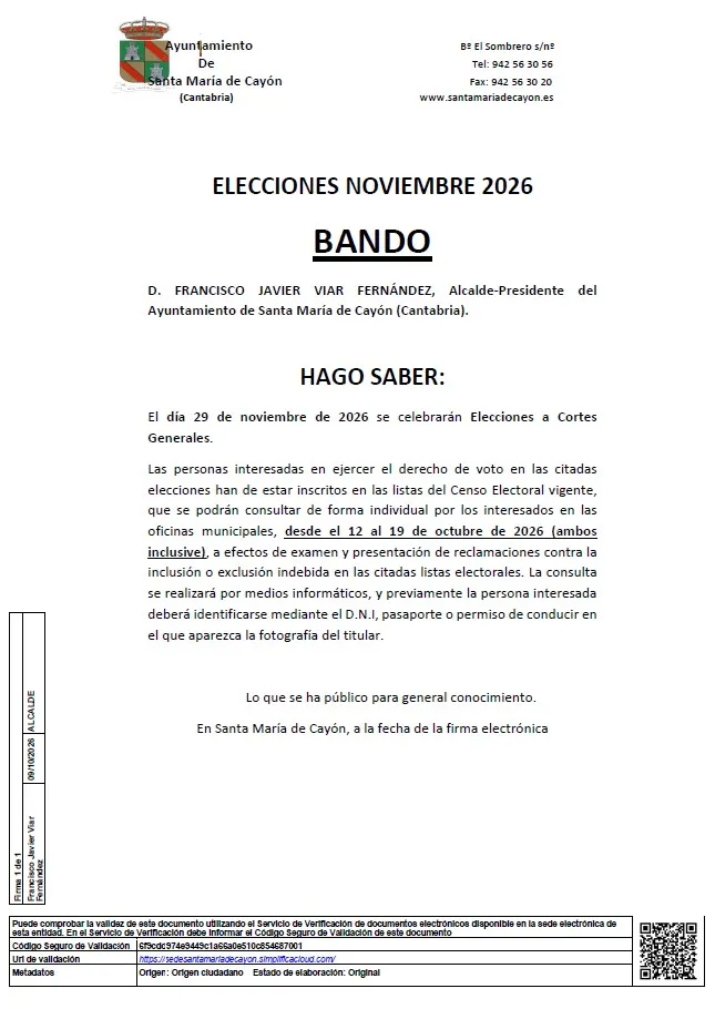 Santa María de Cayón abre consulta del censo electoral para las Generales de noviembre