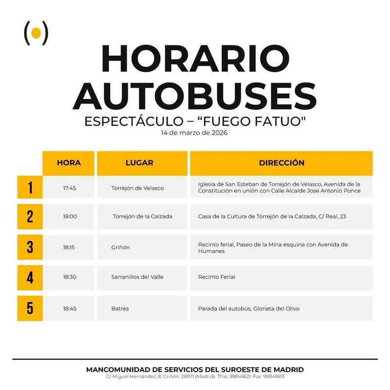 Horario especial de autobuses para el espectáculo "Fuego Fatuo" en Batres