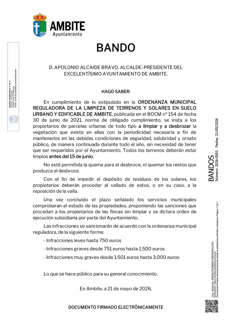 Ambite recuerda la obligación de desbrozar parcelas antes del 15 de junio