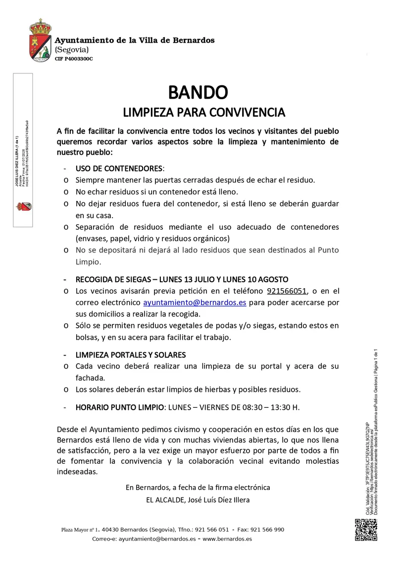 Bernardos recuerda normas de limpieza y convivencia para el verano