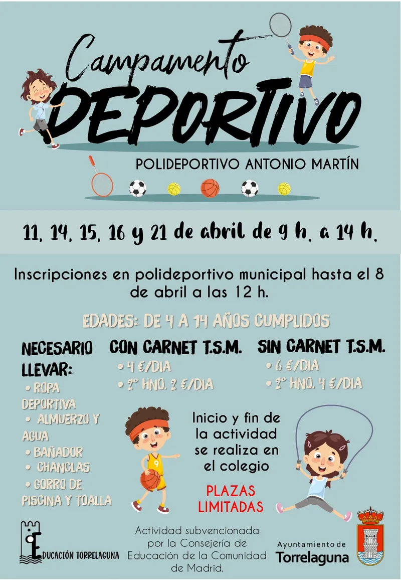 Abiertas las inscripciones para el Campamento Deportivo Infantil de Semana Santa en Torrelaguna