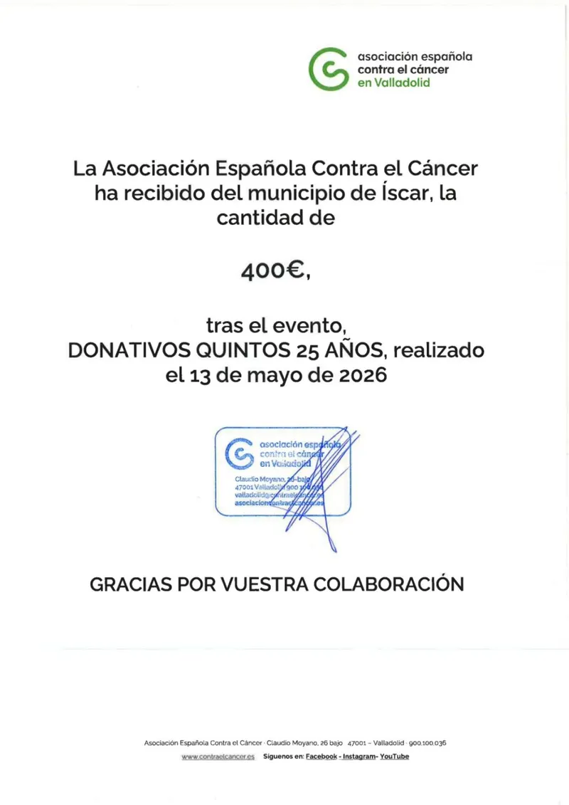 Íscar dona 400 euros a la lucha contra el cáncer