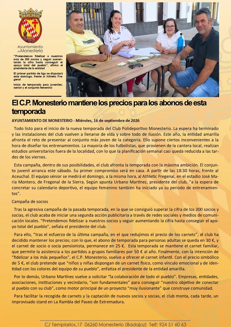 El C.P. Monesterio congela las tarifas de sus abonos para la nueva temporada